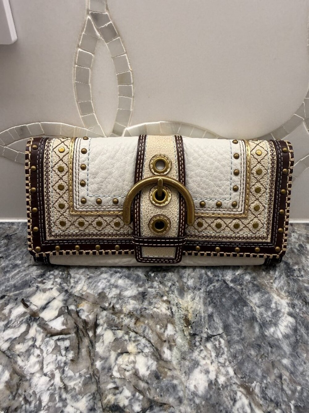 Vintage Ivory Mia Soho Coach Wallet with Brown & Gold Applique and Studs RARE
